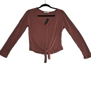 Express One Eleven Top Women S Rust Red Cropped Knit Tie Front Button Up NWT‎